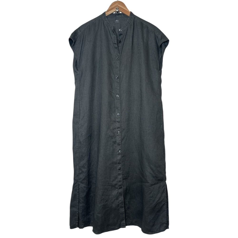 Muji Charcoal Gray Brown Button-Front Midi Dress